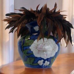 Vintage Thailand Hand Painted Blue & White Vase/Half-Bronze Rooster Feathers